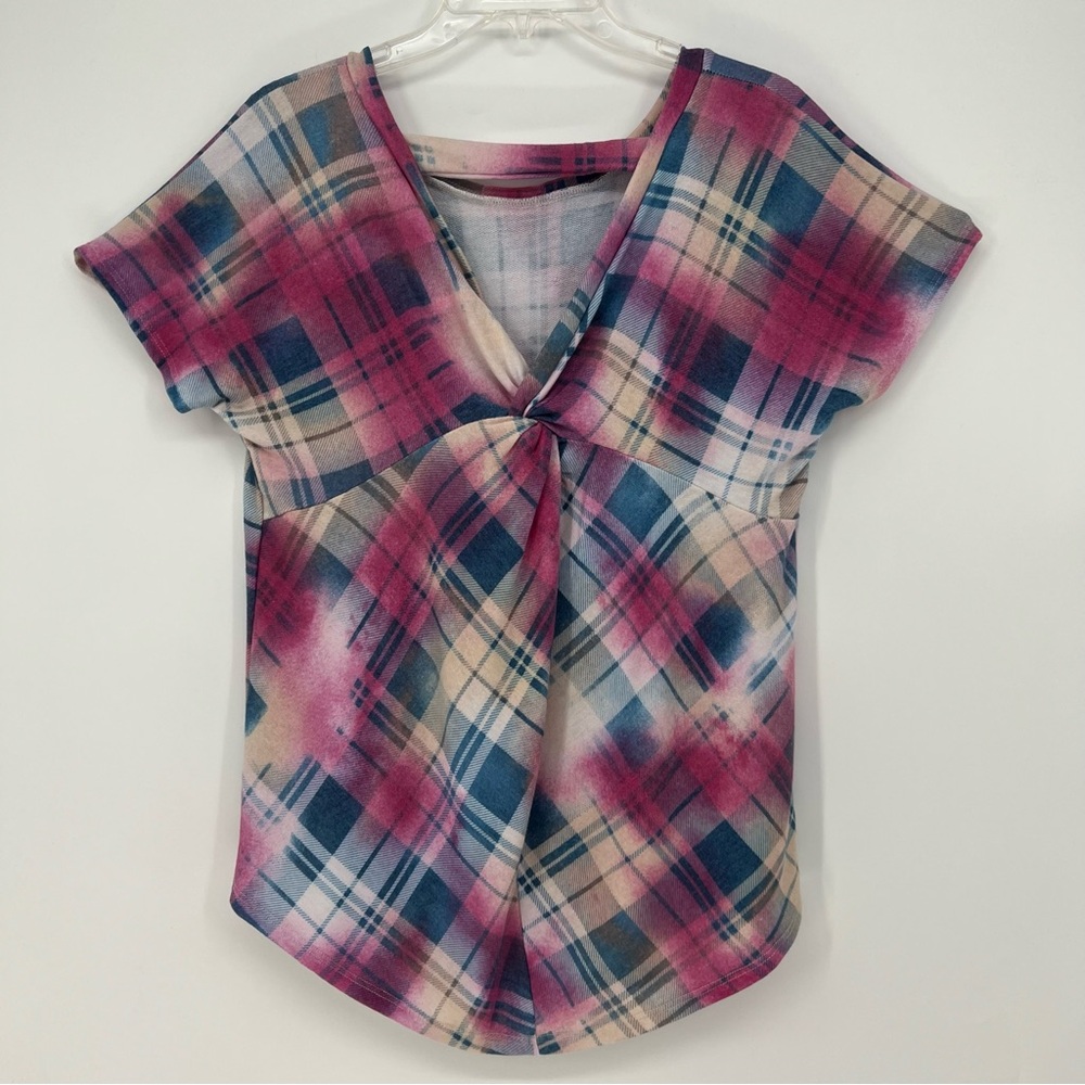 Sew In Love Womens Pastel Plaid Dolman Short Sleeve Top Blue/White/Pink Soft NEW